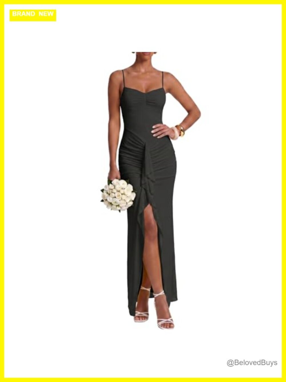 Spaghetti Strap Maxi Dress Ruched Bodycon Front Slit Ruffle Formal - Picture 1 of 6